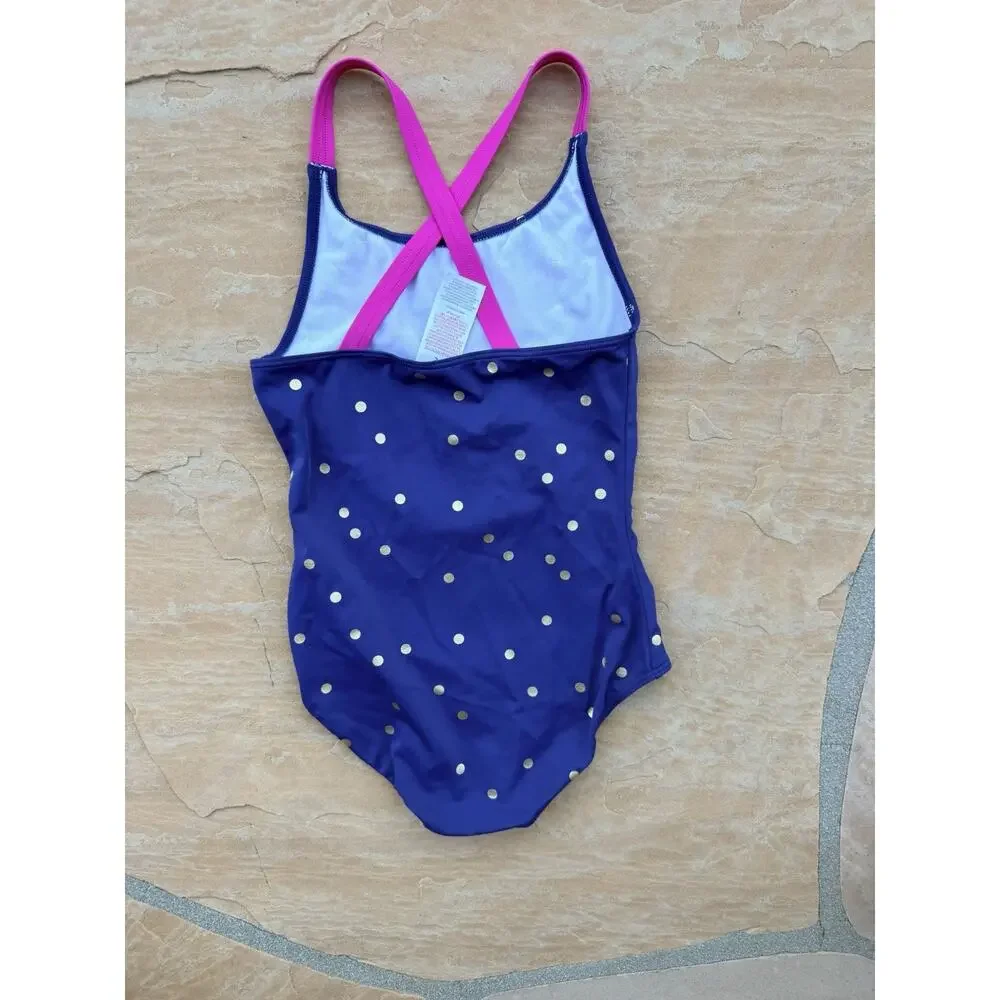 Mini Boden Girls Navy Pink Polka Dot Swimsuit Size 9-10